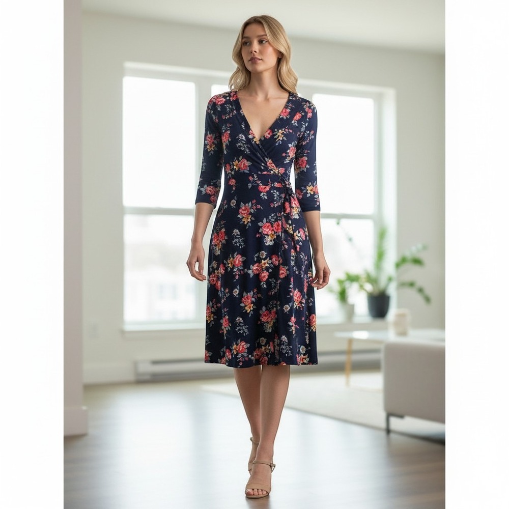 Melissa Masse Navy Blue Floral Faux Wrap‎ Dress Short Sleeve Small Made in USA
